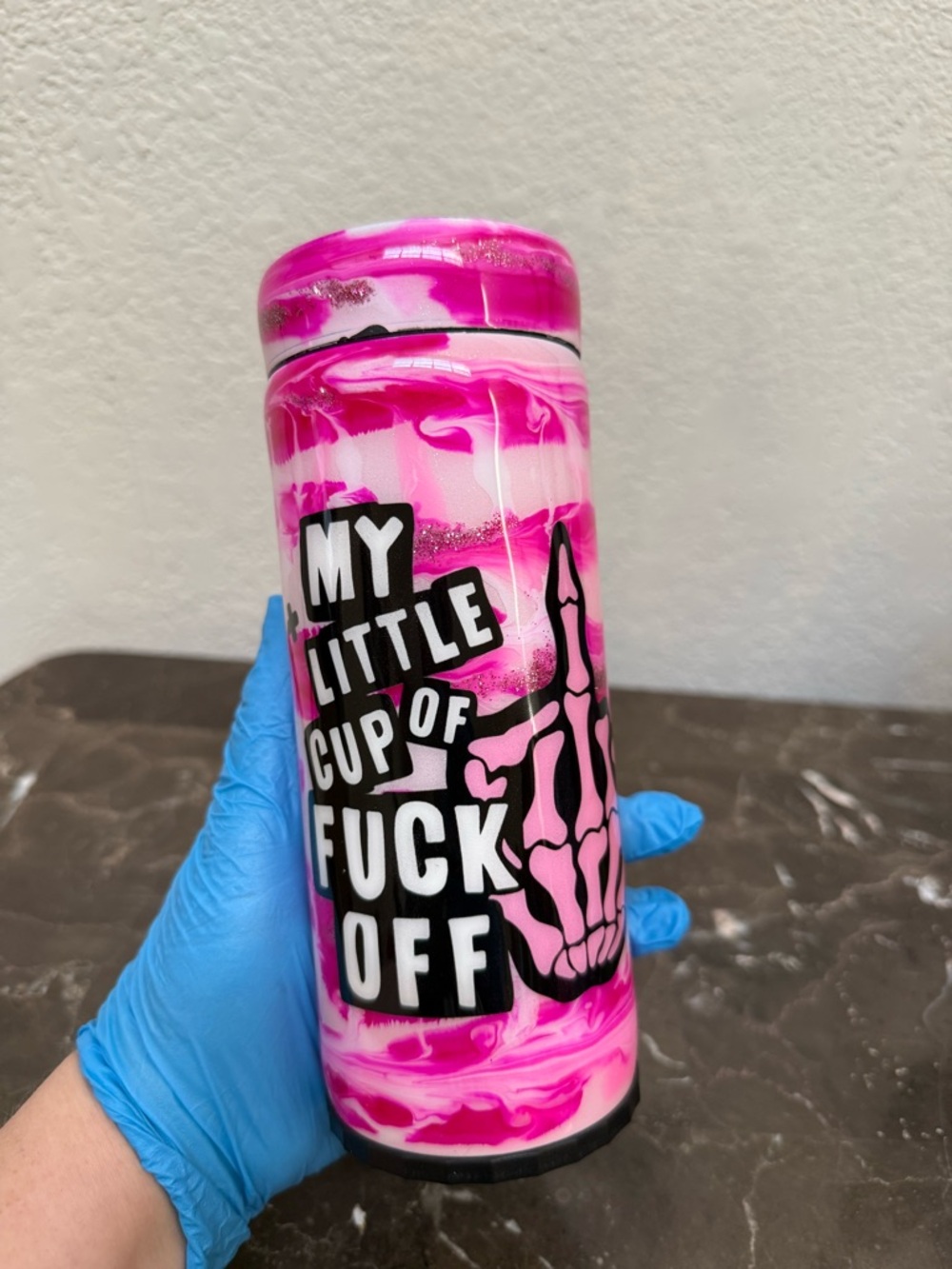 Cup of Fuk Off Swear 12 oz Skinny Can Cooler Handmade Pink Marble Glitter